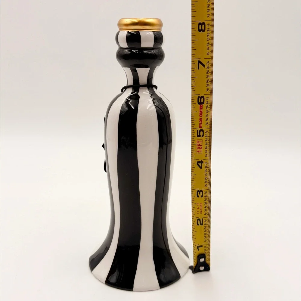 Black and White Striped Halloween Ceramic Taper Candle Holder Gold Rim